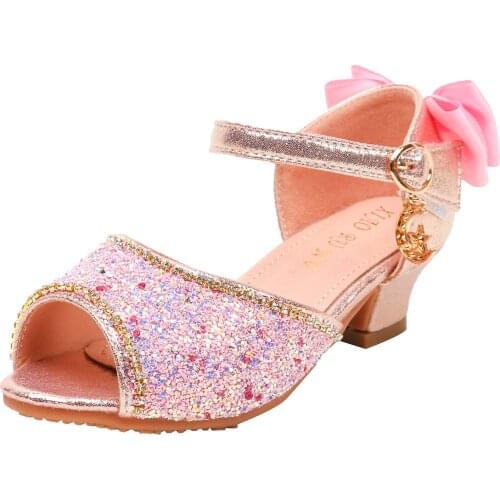 Children Princess Shoes for Girls Sandals Pu Leather Bowknot High Heel Glitter Shiny Rhinestone Enfants Girls Party Dress Shoes