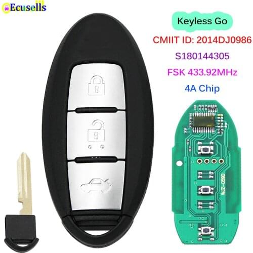 Keyless-Go 3 Buttons Smart Remote Key FSK 433.92MHz 4A Chip for Nissan Murano CMIIT ID: 2014DJ0986 / S180144305
