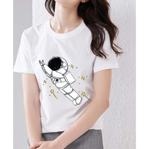 Female White T-shirt Slim Cartoon Cute Astronaut Print O Package Round Neck Comfortable Ladies Casual Breathable Sweet Wind Top