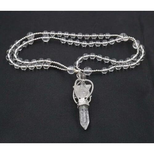 FYSL Silver Plated Wire Wrap Merkaba Clear Quartz Pendant Long Beads Chain Necklace Lapis Lazuli Jewelry