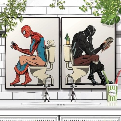 Spider man and Black Panther in the bath Poster Funny Marvel Posters and Prints Canvas Painting for Bathroom Restroom Home Decor
