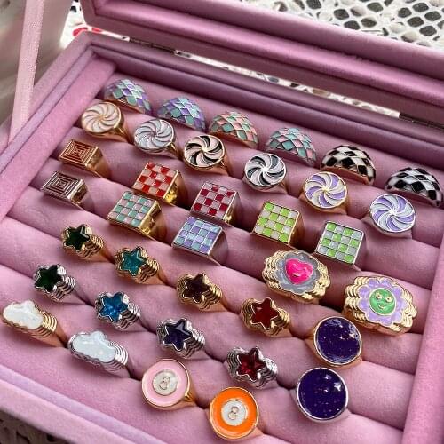 New Ins Creative Colorful Sweet Checkered Ring Vintage Drop Oil Geometric Square Rings For Women Girls Fashion Jewelry Gift