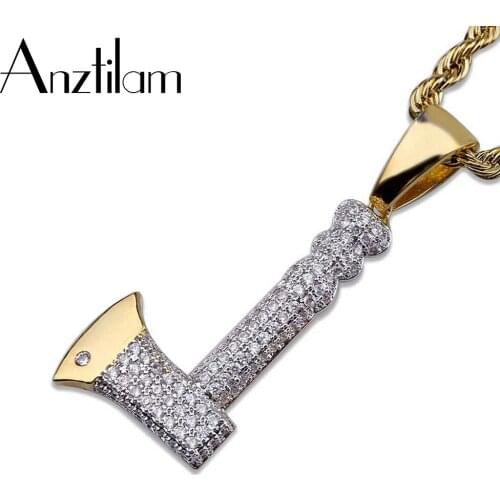 Hip Hop Chain Necklace Gold AX Pendant Iced Out Necklace Copper Gold Color Paved Cubic Zircon Charm For Men Jewelry Gifts