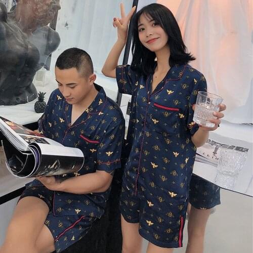 Sexy sweet bee Couples shorts pajamas sets women sleepwear Spring ice silk quality Lovers short sleeve pijamas women pyjamas men