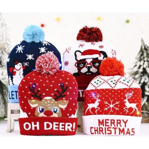 Christmas Hats Beanie Sweater LED Light Knit Hat Santa Elk Hat Light Up Knitted Hat for Kids Adult Gift 2020 Merry Christmas
