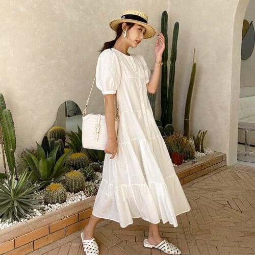 O-Neck Women Summer Fashion Dress Puff Sleeve Tea Length Bohemian Maxi Cotton Dress Oversize DZA475