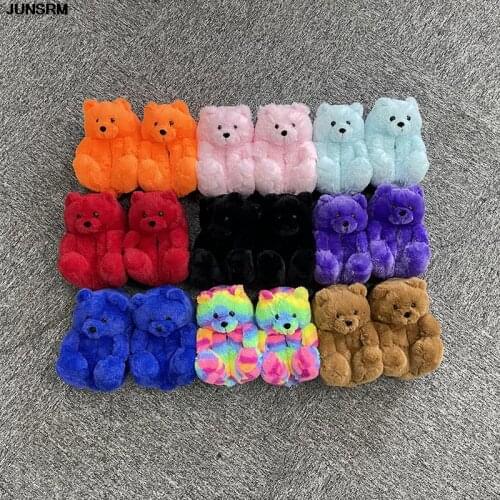 Kids Teddy Bear Slippers Cute Cartoon Sandals For Children Women Plush Flip Flops Furry Teddy Bear Slides Ladies Home Flat Shoes