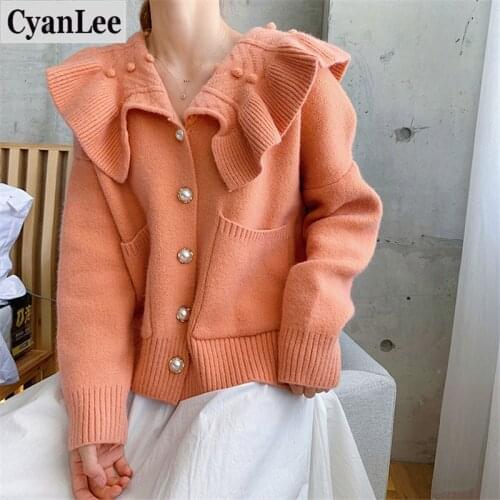 Cyanlee Kitty Ruffles Cute Knitted Sweet 2019 Loose Tops Cardigans Casual Elegant Girls Autumn High Street Office Lady Sweater
