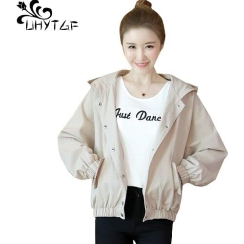UHYTGF jacket womens Korean small fragrance casual spring autumn tops outerwear Bat-type hooded loose short plus size coat 238