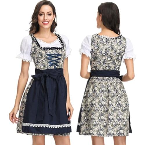Adult Women Oktoberfest Flower Pattern Dirndl Dress Bavaria Beer Party Girl Wench Costume Fancy Party Dress
