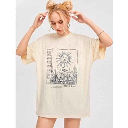Sun Plants Print Vintage Boho Style Chic T Shirt Womens Retro Cotton Short Sleeve Tee Ladies Top Female Graphic Tees
