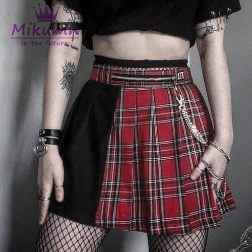 Harajuku Punk Women Vintage Black Patchwork Red Plaid Mini Skirt Gothic Grunge Metal Chain High Waist Pleated Sexy Short Skirts