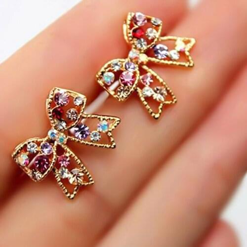 Hot 1Pair Fashion Colorful Charming Golden Bowknot Earrings For Women Girls Chic Ear Studs Jewelry Gift