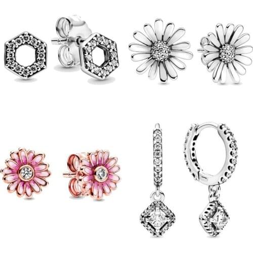 2020new 925 Sterling Silver Daisy Flower Square Sparkle Honeycomb Hexagon Pan Earring Studs For Women Gift Diy Jewelry