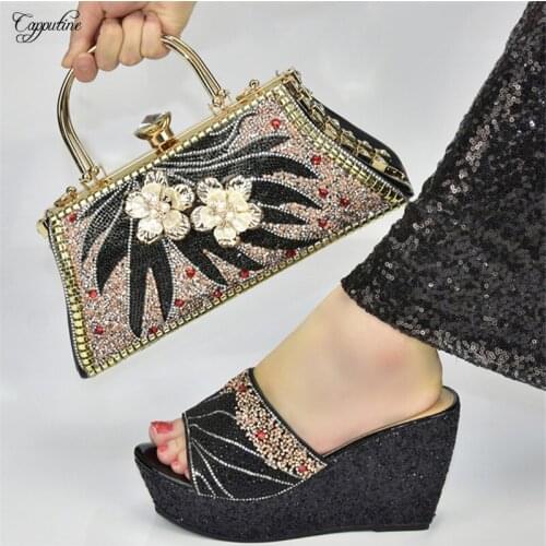 Black Women Wedge Heels Platform Shoes With Handbag Set African Ladies Pumps And Bag Slippers Sandals Sac 938-11 Height 10CM