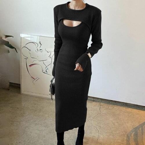 Women Dress Sets 2 Pieces Sleeveless Long Dress with Long Sleeve Cropped Tops Sexy Bodycon Dress Solid Black and Brown Sets