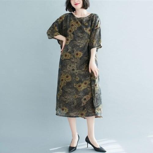 Oversized Women Casual Dress New 2021 Summer Indie Folk Style Vintage Floral Print Loose Comfortable Female Long Dresses S3601