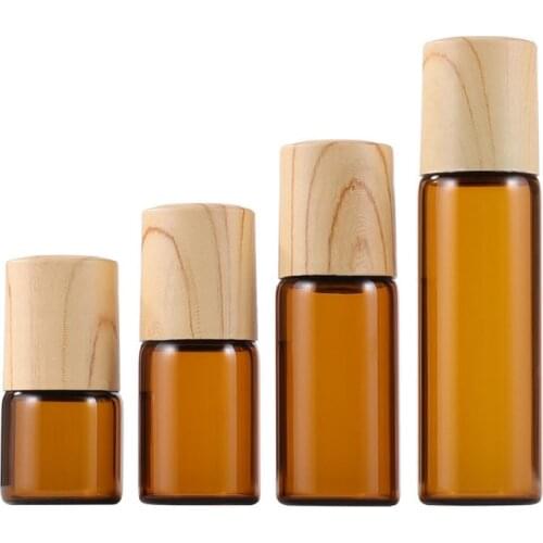 1ml2ml3ml5mlWood Grain Cover Roll On Essential Oil Brown Glass Bottle Steel Bead Perfume Packaging Cosmetic Container 100 Pieces