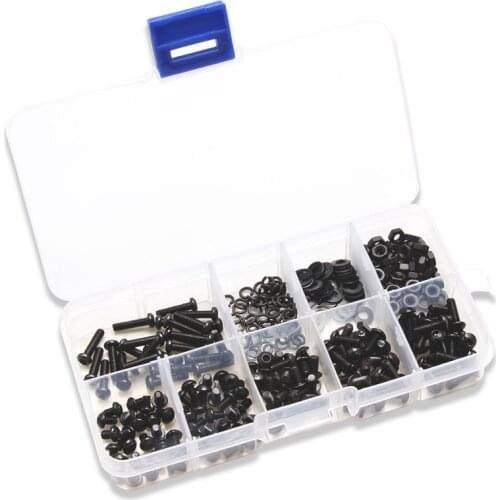 300Pcs Black Round M3* 4/5/6/8/10/12 Head Hex Socket Bolt Nut Flat Pad Washers Spring Kit Assortment with Box