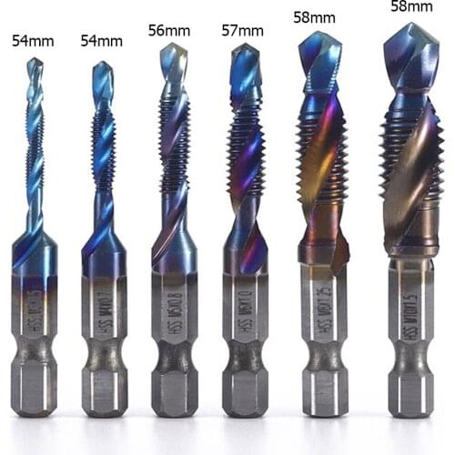 6pcs Hex Shank Titanium Plated HSS Screw Thread Deburr Metric Tap Drill Bits M3-M10 Hand Tools for Screw Machine Compound Tap