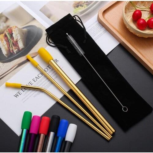 8Pcs/Set Reusable Drinking Straw Set Straight Bent Straw With Silicone Tip Cover Cleaning Brush Metal Smoothies Drinking Straws