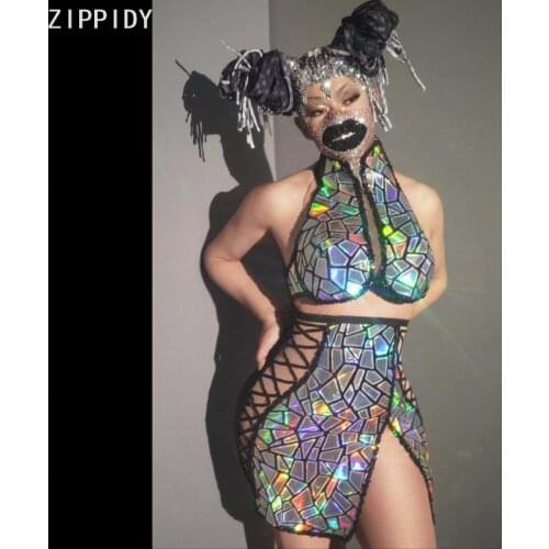 Glisten AB Color Sequins Dress Evening Party Wear Two Pieces Set Dress Prom Singer Birthday Celebrate MINI Dress