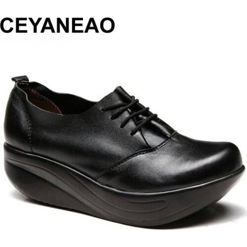 CEYANEAO Plus Size Black Genuine Leather Shoes 2018 Autumn and winter Womens Shoes Wedges Platform Swing Shoes Weight Lose