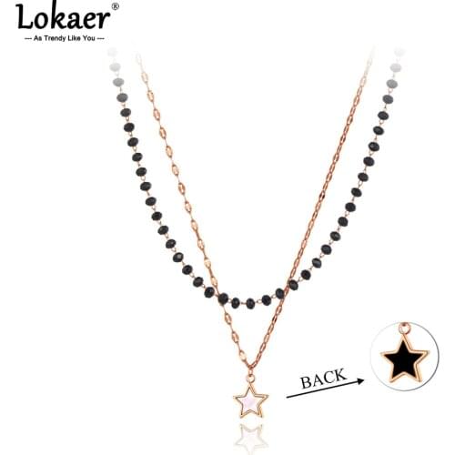 Lokaer Trendy Double Layer Stainless Steel Shell Star Choker Necklace For Women Bohemia Black Crystal Chain Link Jewelry N21076