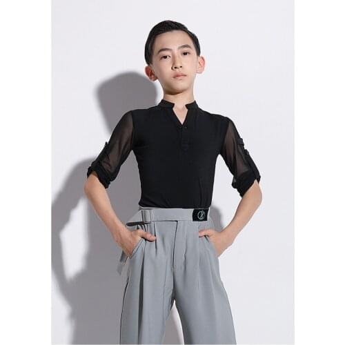 Summer G5063 Kids Boy Latin Dance Tops Black Transparent Design Male Long Sleeves Latin Dancing Top Shirt Cha Cha Tango Costume