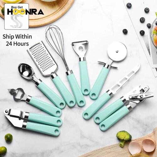 HOONRA 9 Pcs Stainless Steel Baking Set Peeler Pizza Cheese Garlic Press Grater Bottle Opener Whisk Plastic Handle Kitchen Tool