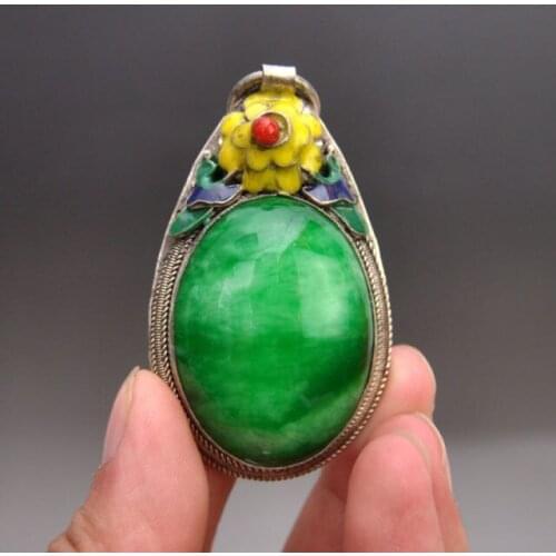 Exquisite Chinese Tibetan Silver inlaid with green jade cloisonne handmade pendant