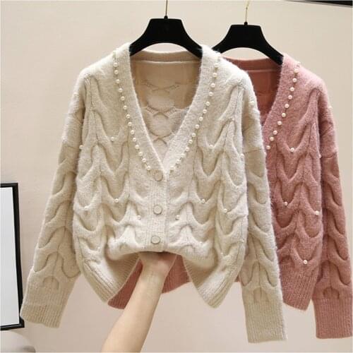 Lucyever Sweet Pearl Knitted Cardigan Sweaters Elegant Thick Women Loose Casual Sweater Coat Cute V Neck Single Breasted Jacket
