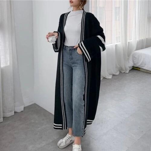 Oversized Long Sweaters Autumn Winter New Women Fashion Loose Casual Stripped Long Cardigan Flare Sleeve Knitted Coat PH223