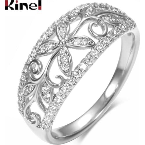 Kinel Hot Natural Zircon Rings for Women Silver Color Hollow Crystal Flower Ethnic Bride Wedding Ring Vintage Fine Jewelry
