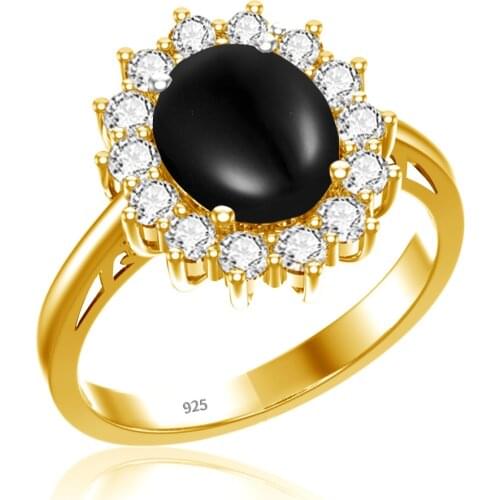 Szjinao 18K Gold Color Gemstones Black Onyx Ring For Women Luxury Real 925 Sterling SIlver Ring Flower Fine Jewelery Gift Female