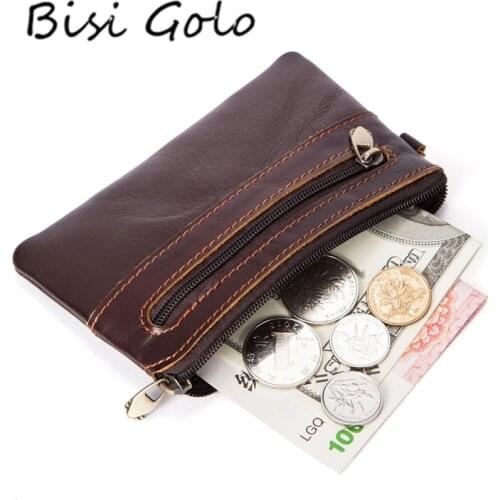 BISI GORO Genuine Leather Unisex Coin Purses New Money Bags Pocket Wallets Card Holder 2020 Mini Wallets Pouch Zipper Small Bags