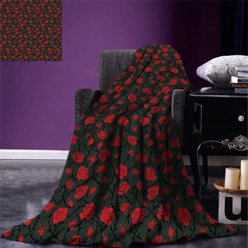 Red and Black Throw Blanket Rose Swirls Ivy Plants Dark Mysterious Forest Themed Pattern Warm Microfiber