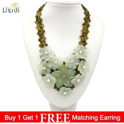 LiiJi Natural Jade Flowers Green Agate Big Necklace Statement Handmade Knitting Necklace 55cm For Women Jewelry Party Gift