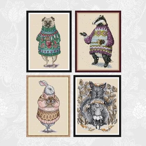 Dog Drinking Coffee Counted Cross Stitch kits, Badger in Sweater Embroidery Needlework Set, Home Decor Send Accessory Tools