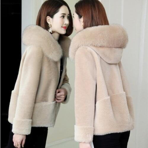 Autumn Winter Women Fox Fur Collar Hooded Sheep Shearing Faux Lambswool Coat Short Granule Velvet Loose Female Outerwear G1296