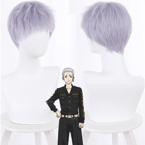 Anime Tokyo Revengers Takashi Mitsuya Cosplay Wig Gray Blue Short Wig Heat Synthetic Fiber Hair Wig Cap Halloween Adults Kids