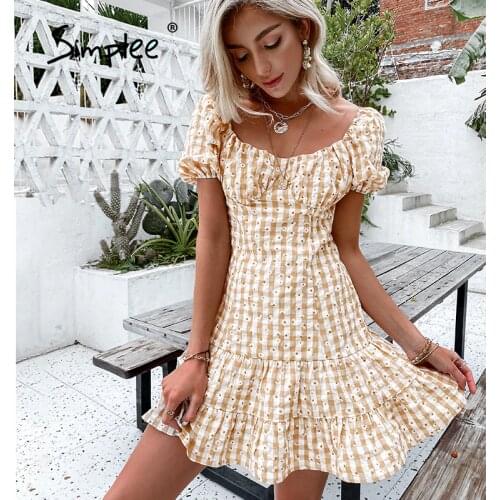 Simplee Yellow Plaid Daisy Print Square Neck Sundress Short-sleeved High-waist Summer Short Dresses 2021 Puff Sleeve Women dress