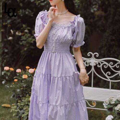 Luck A Vintage Square Collar Female French Dress Casual Holiday Lady Vestidos Women Summer Purple Elegant Lace Long Maxi Dress