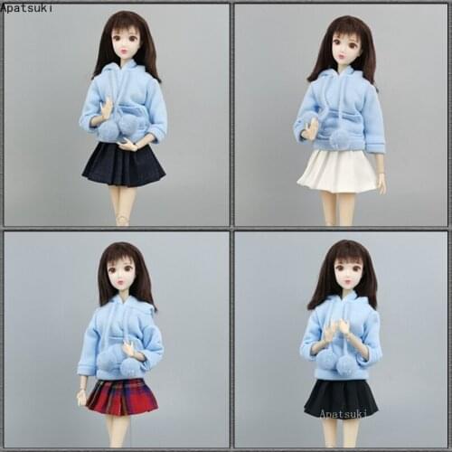 Blue Fashion Doll Outfits for Barbie Clothes Set Sweatshirt Hoodies Pleated Skirt for 1/6 BJD Doll Accessories Toys For Children