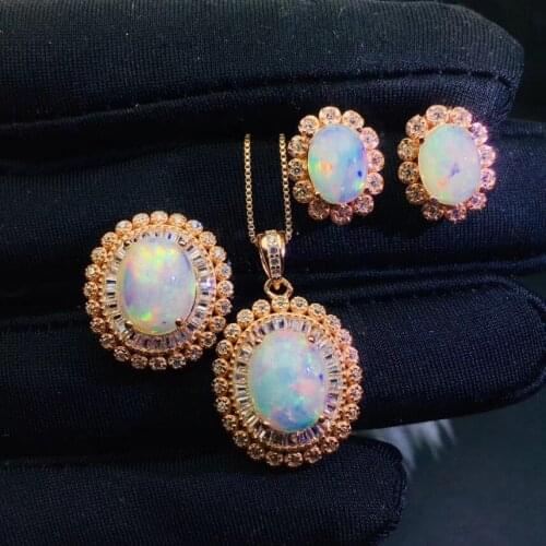 Wedding Best Gift Opal Set 925 sterling silver Natural and Real Opal Set 1pc Ring,2pcs Earring,1pc Pendant
