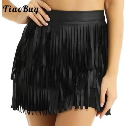 Women Tassel Dance Skirt Latin Rumba Tango PU Leather High Waist Bodycon Skirt for Party Performance Costume