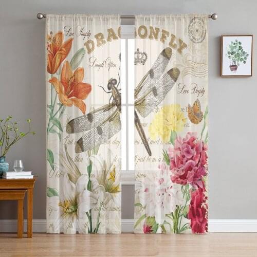 Flower Dragonfly Crown Vintage Letters Voile Tulle Sheer Curtains for Bedroom Living Room Kitchen Decor Chiffon Windows Curtain