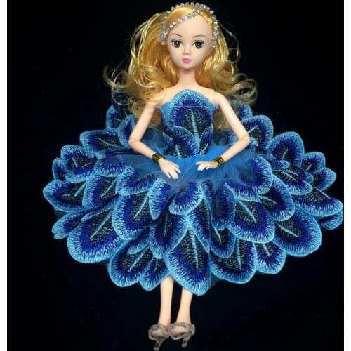 Blue Peacock Feather Elegant Doll Clothes For Barbie Dollhouse Party Dress Princess Gown For Barbie Dolls Vestidos Dresses