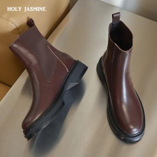 2021 Winter New Ankle Boots for Women Thick Bottom Round Toe Genuine Leather Boots Black All-match Botas Feminina Platform Shoes