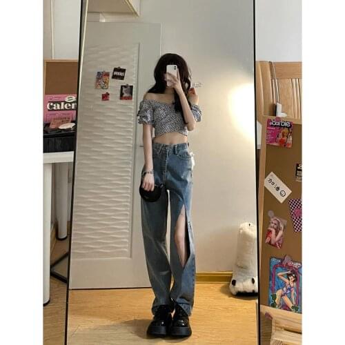 Woman High Waisted Jeans Y2K Fashion Cotton Full Length Hollow Out Straight High Street Spring Autumn Vintage Girls Jeans
